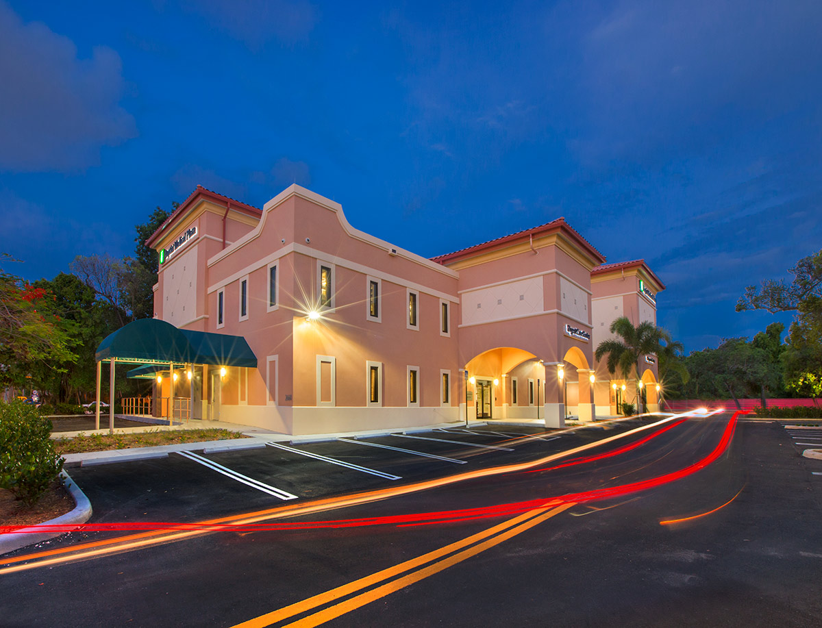 Architectural dusk view of Baptist Urgent Care Brickell Miami.